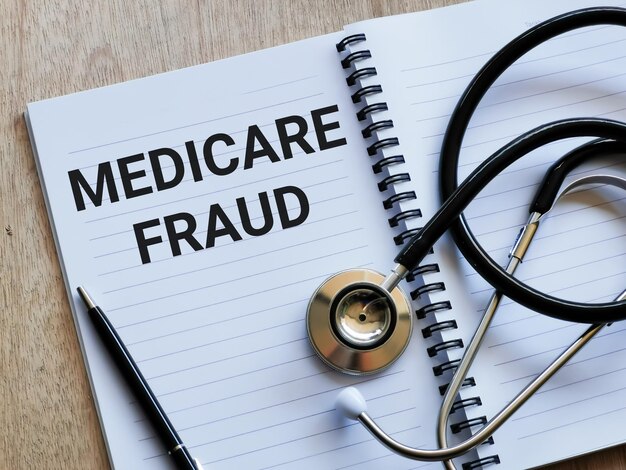 Frase MEDICARE FRAUD scritta su taccuino con stetoscopio e penna. Concetto medico e sanitario.