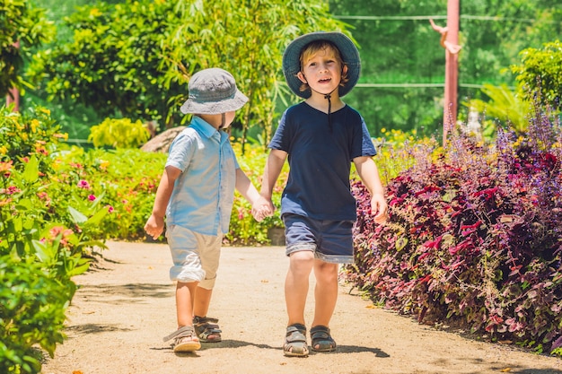 Fratelli che camminano insieme in un parco tropicale