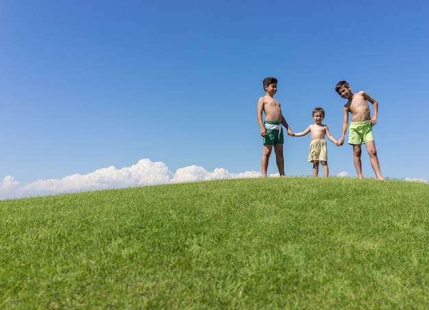 Fratelli che giocano sottosopra sul prato verde