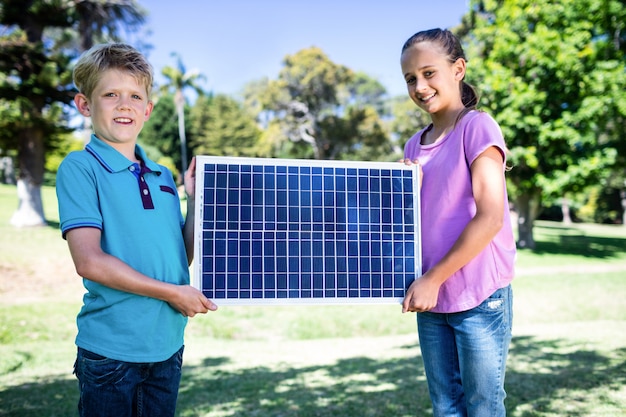 Fratelli germani che tengono un pannello solare