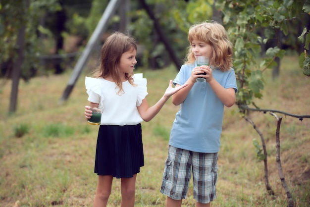 Fratello e sorella bevono frullato verde fuori Ragazzino e ragazza che lavorano in giardino Due bambini felici nel parco estivo Concetto di vacanza estiva per bambini Amicizia dei bambini