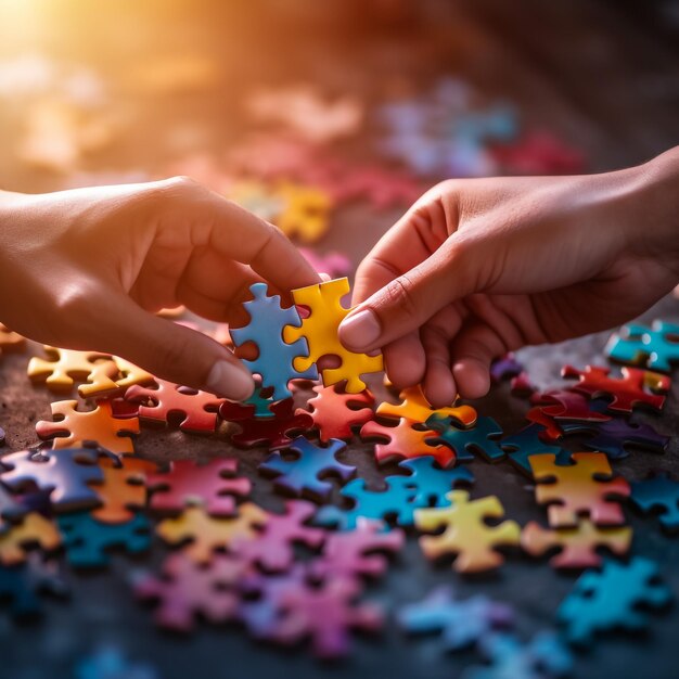 Fratello e sorella che giocano a puzzle a casa I bambini che collegano i pezzi del puzzle in un tavolo del soggiorno I bambini che assemblano un puzzle Divertente tempo libero in famiglia