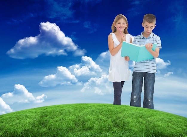 Fratello e sorella che imparano insieme la lezione contro il campo verde sotto il cielo blu