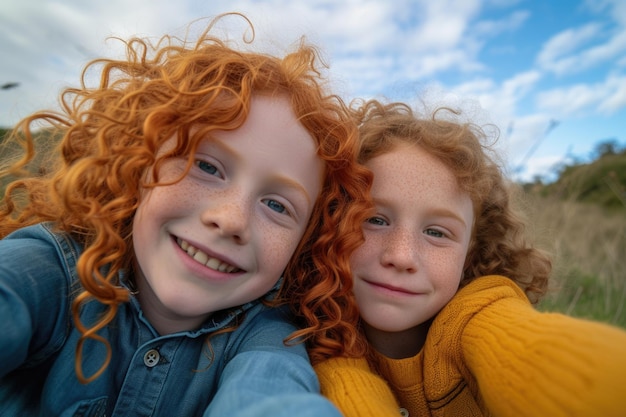 Fratello e sorella con i capelli rossi felici che si divertono a fare selfie all'aperto concentrati sulle facce