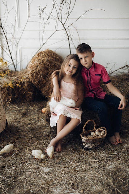 Fratello e sorella in cappelli di fieno che tengono piccoli pulcini