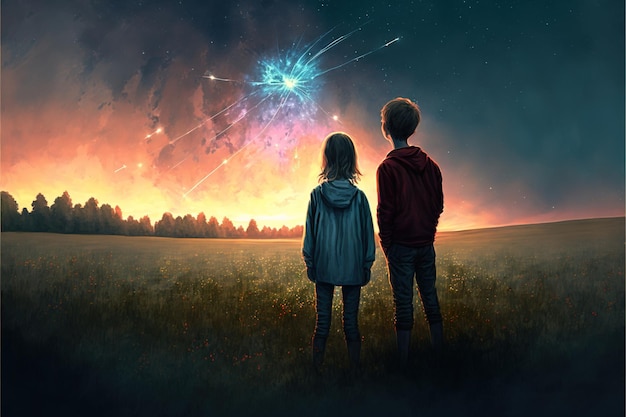 Fratello e sorella in un prato che guardano le meteore nel cielo illustrazione in stile arte digitale pittura concetto di fantasia di un fratello e una sorella in un prato