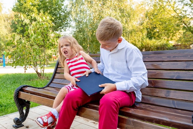 Fratello e sorella nel parco su una panchina si tolgono un computer portatile l'uno dall'altro