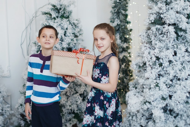 Fratello e sorella si scambiano una confezione regalo vicino all'albero di Natale.