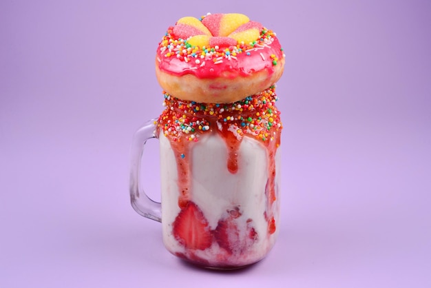 Freakshake Frullato estremo con ciambella dolci di gelatina di fragole