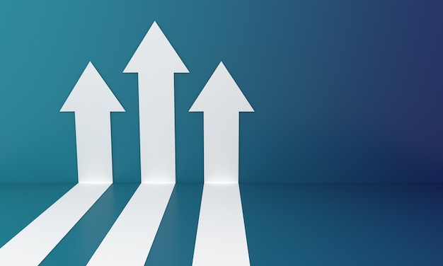 Frecce bianche astratte che si arrampicano sulla parete blu che rappresentano il grafico di crescita o l'investimento del grafico