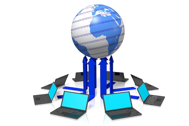 Frecce per computer portatili e illustrazione 3D del concetto Internet terrestre