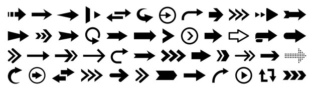 Frecce piatte nere e puntatori isolati su sfondo bianco grande set vettoriale