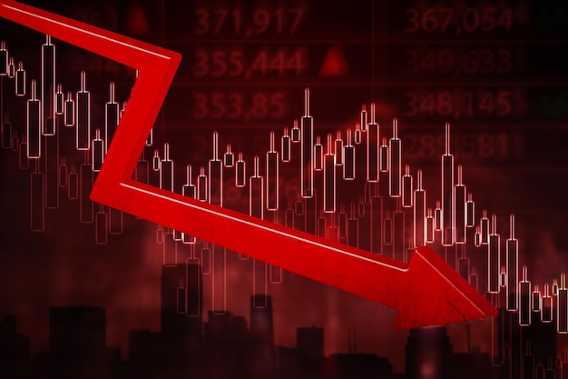 Freccia 3D diretta verso il basso seguendo il grafico a candele ribassiste