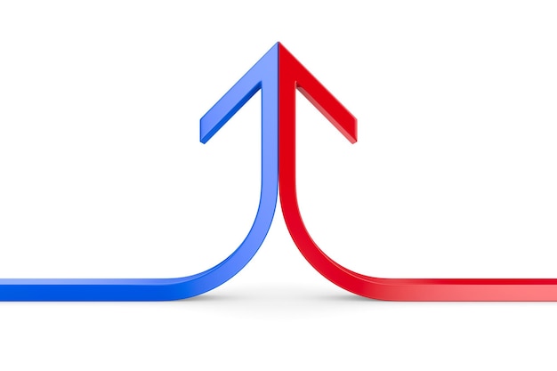Freccia formata da due linee rosse e blu unite su sfondo bianco Illustrazione 3D isolata