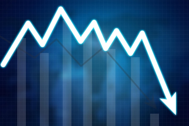 Freccia in caduta con grafico in declino nel cyberspazio
