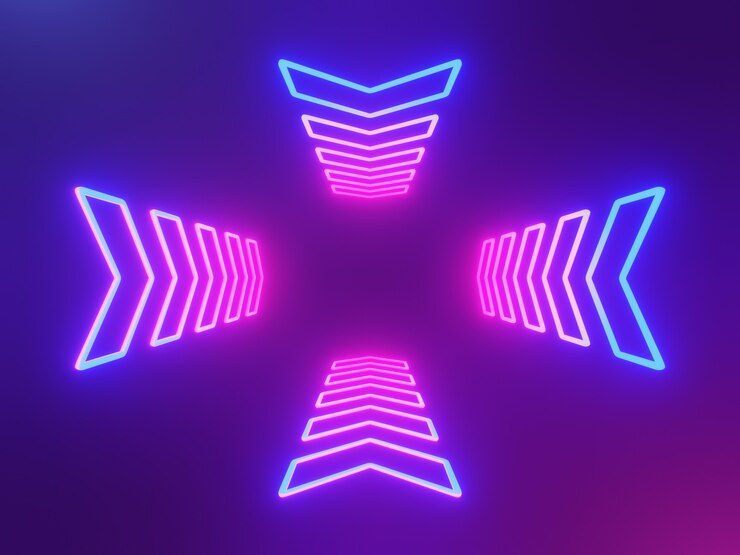Foto freccia luminosa al neon, puntatore astratto sfondo blu e rosa