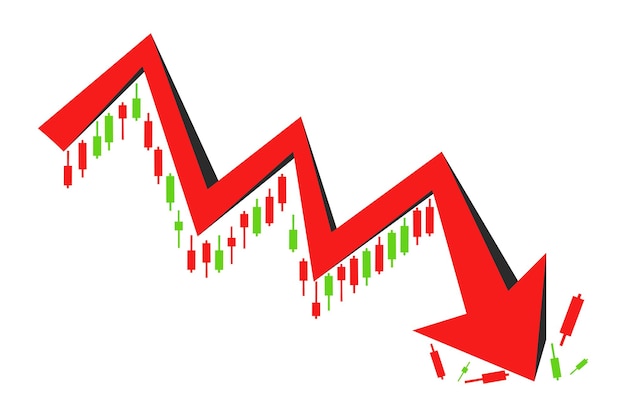 Freccia rossa grafico azionario di tendenza al ribasso su sfondo bianco