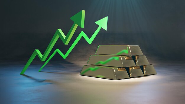 Freccia verde su e lingotto d'oro, rendering di illustrazioni 3D