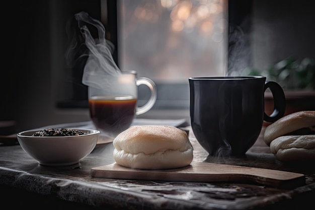 Fredda mattina d'inverno con bao bun fumante e caffè caldo