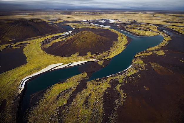 Freddo paesaggio estivo nella valle con il fiume aereo islandese