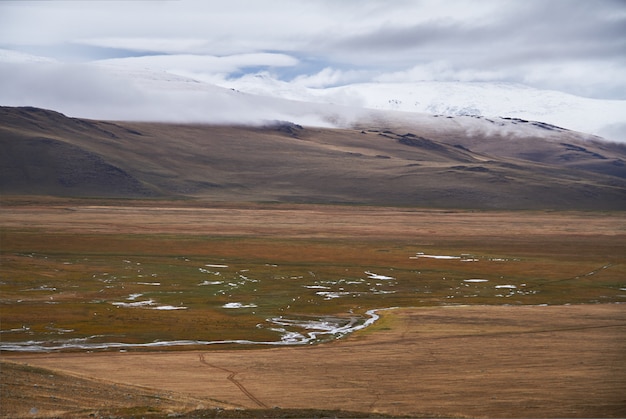 Freddo tempo nuvoloso nella zona della steppa. L'altopiano di Ukok di Altai. Paesaggi freddi favolosi