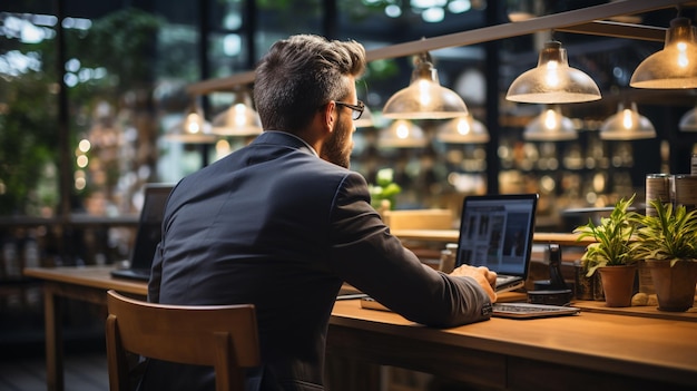 Freelancer che lavora sullo sfondo di un caffè