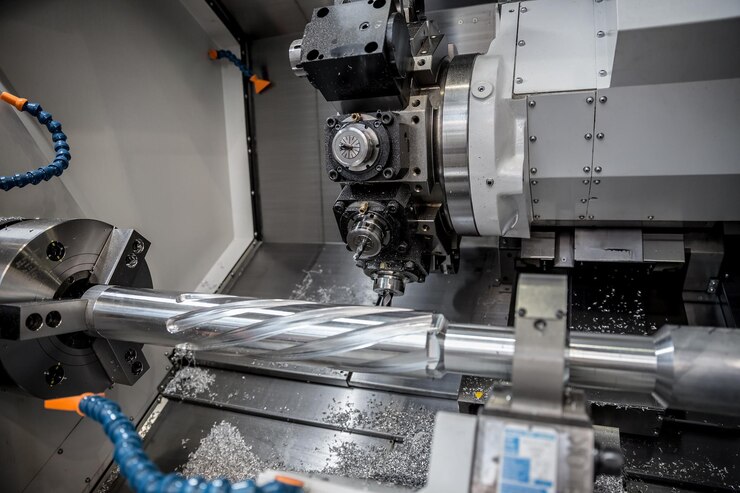Foto fresatrice cnc per la lavorazione dei metalli. taglio del metallo moderna tecnologia di lavorazione. profondità di campo ridotta. attenzione: riprese autentiche in condizioni difficili. un po' di grana e forse sfocato.