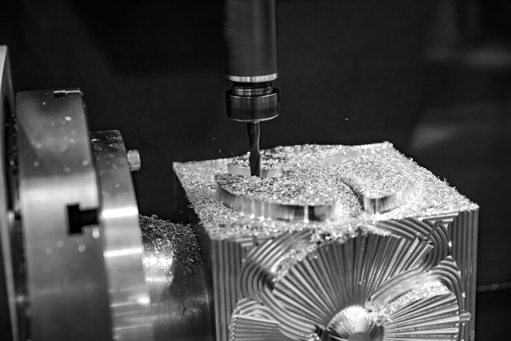 Foto fresatrice cnc per la lavorazione dei metalli. taglio del metallo moderna tecnologia di lavorazione. profondità di campo ridotta. avvertimento: riprese autentiche in condizioni difficili. un po' di grana e forse sfocato.