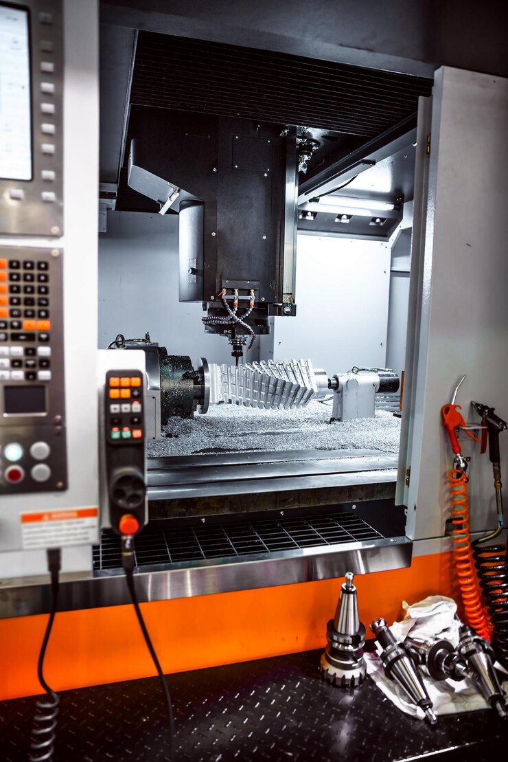 Foto fresatrice cnc per la lavorazione dei metalli. taglio del metallo moderna tecnologia di lavorazione. profondità di campo ridotta. avvertimento: riprese autentiche in condizioni difficili. un po' di grana e forse sfocato.