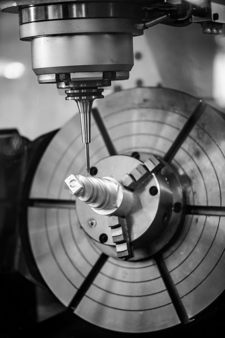 Foto fresatrice cnc per la lavorazione dei metalli. tecnologia di lavorazione moderna del metallo di taglio. piccola profondità di campo. avvertenza: riprese autentiche in condizioni difficili. un pochino di grana e magari sfocato.