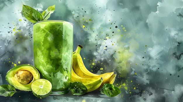 Fresca e succosa illustrazione ad acquerello con un frullato verde ispirato all'estate con menta