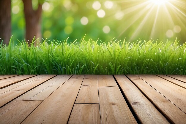 Fresca erba verde primaverile con bokeh verde e luce solare e pavimento di legno Bellezza sfondo naturale