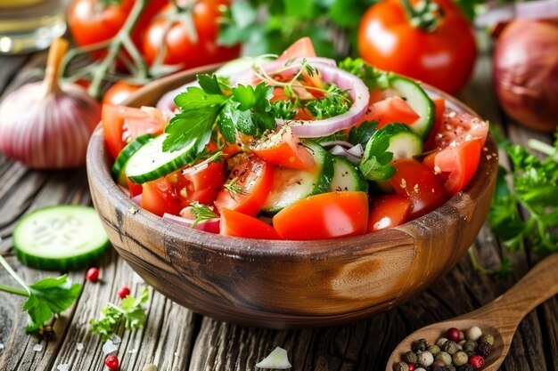 Fresca insalata di miscela di disintossicazione primaverile con verdure come pomodori cetrioli e cipolle