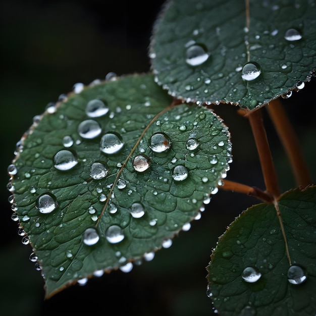 Fresche gocce di rugiada che luccicano sulle foglie verdi vivaci alla luce del mattino