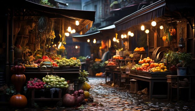 Freschezza e abbondanza al mercato autunnale che vende frutta biologica generata dall'intelligenza artificiale