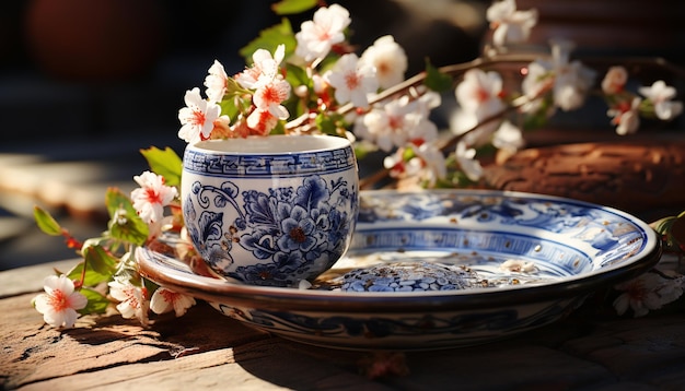 Freschezza e bellezza fioriscono in un vintage vaso di fiori generato dall'intelligenza artificiale