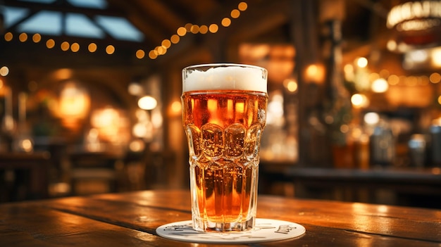 Freschezza e bevanda schiumosa in un bicchiere da pinta in un pub rustico