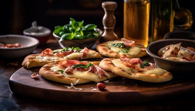 Freschezza e pasto gourmet su un tavolo di legno rustico pizza casalinga generata dall'intelligenza artificiale