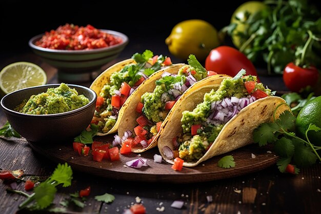 Freschezza e sapore su un piatto di guacamole e tacos fatti in casa