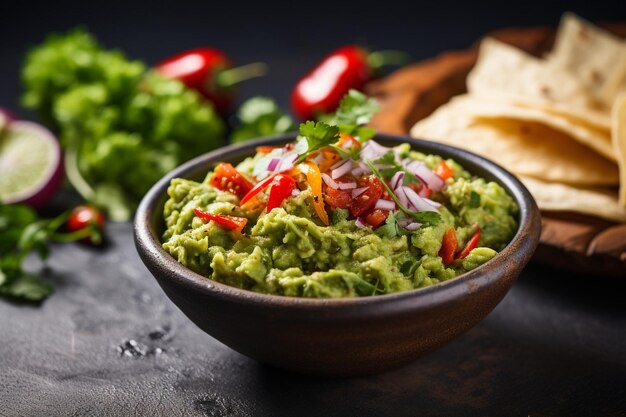 Freschezza e spezie in una ciotola di guacamole e taco