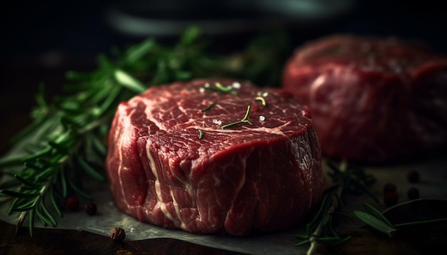 Freschezza e spezie migliorano la bistecca gourmet sul legno rustico generato dall'intelligenza artificiale