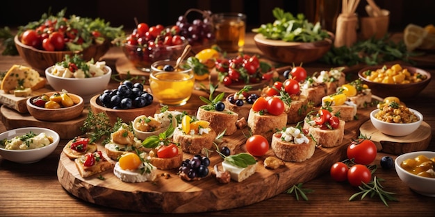 Freschezza e varietà su una tavola di legno Antipasti gourmet mediterranei