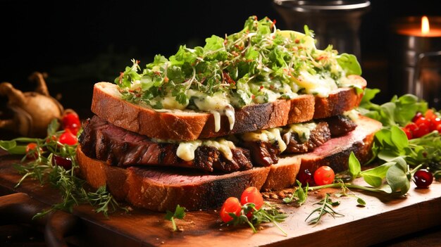 Freschezza su un tavolo di legno panino di manzo alla griglia insalata sana