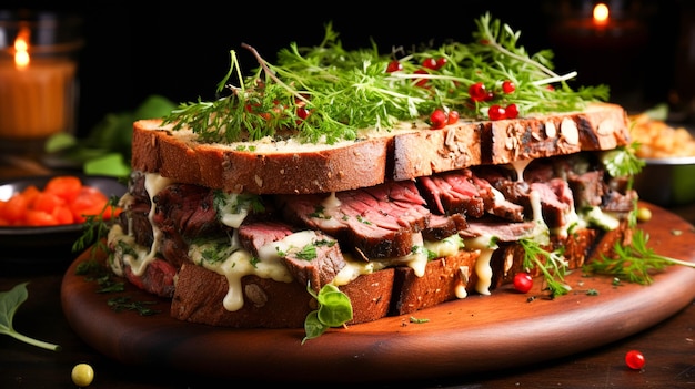 Freschezza su un tavolo di legno panino di manzo alla griglia insalata sana