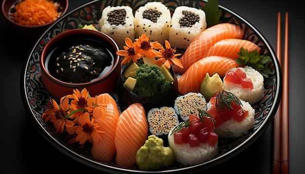 Freschezza sul piatto sushi sashimi frutti di mare riso avocado nori generato dall'intelligenza artificiale