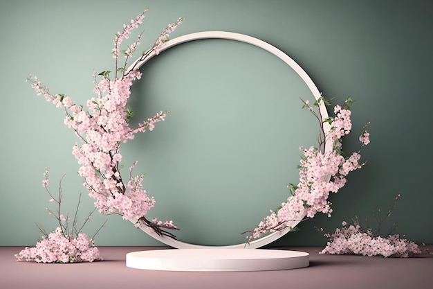 Freschi e lussureggianti fiori rosa sakura su ramo con podio mockup in luce soffusa Rete neurale AI generata