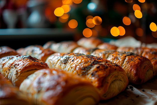 Freschi rotoli di salsicce appena usciti dal forno contrapposti a una festa di Natale sfocata