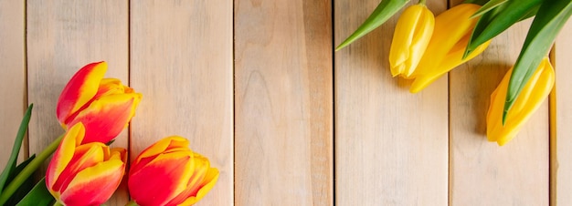 Freschi tulipani multicolori su fondo in legno Bouquet di fiori primaverili Concetto di vacanza