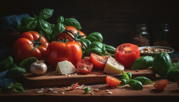 Fresco antipasto vegetariano italiano mozzarella pomodoro erba generato da AI