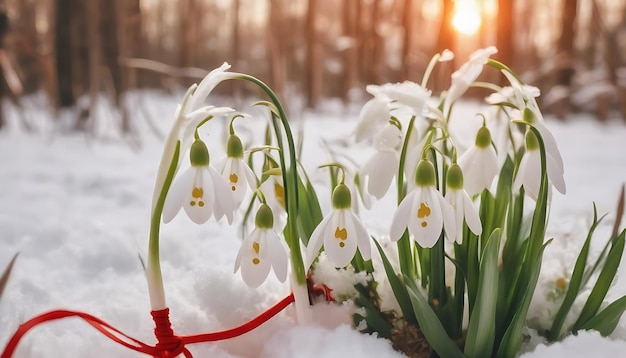 Fresco bellissimo bouquet prima primavera foresta gocciole di neve fiori con martisor corda rossa e bianca